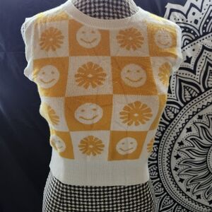 Yellow and White Checkered Sleeveless Sweater